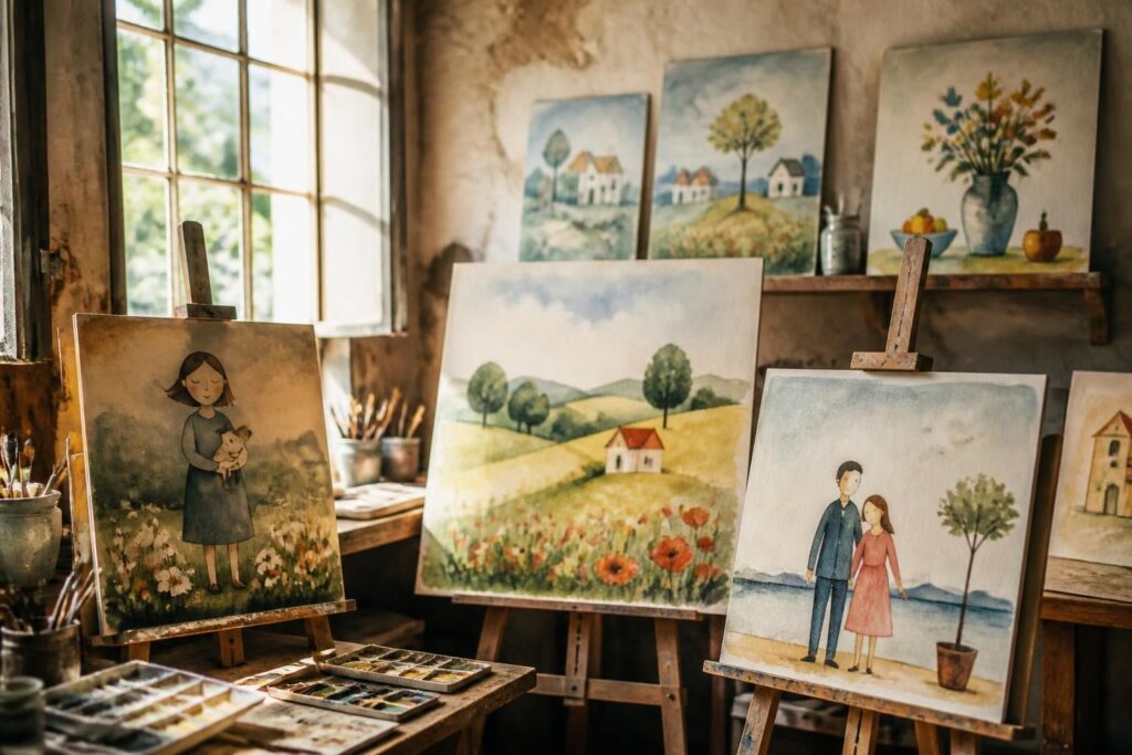 découvrez l'univers des peintures naïves, où la simplicité de l'aquarelle révèle un sens profond et une émotion authentique.